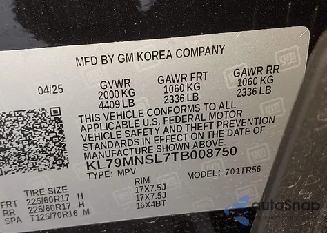 2026 Chevrolet Trailblazer Awd Ls z USA, uszkodzony, nr VIN KL79MNSL7TB008750